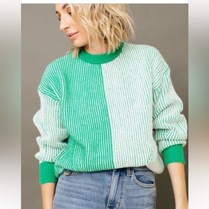 Like love Green and White Striped Women's Sweater